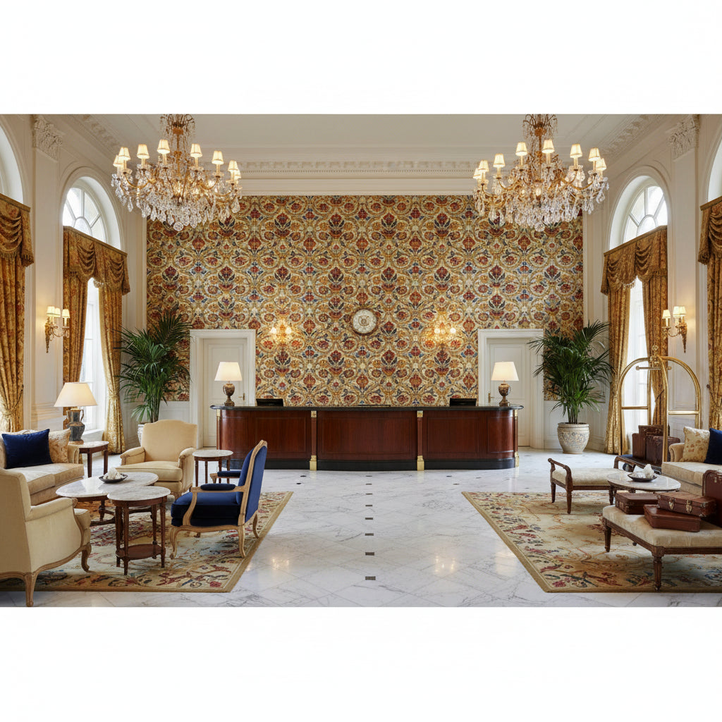 New Sevilla Ruby/Blue | Kravet - Hotel Lobby Visualization (AI-generated, may not be to scale. Verify pattern scale with product specifications.)