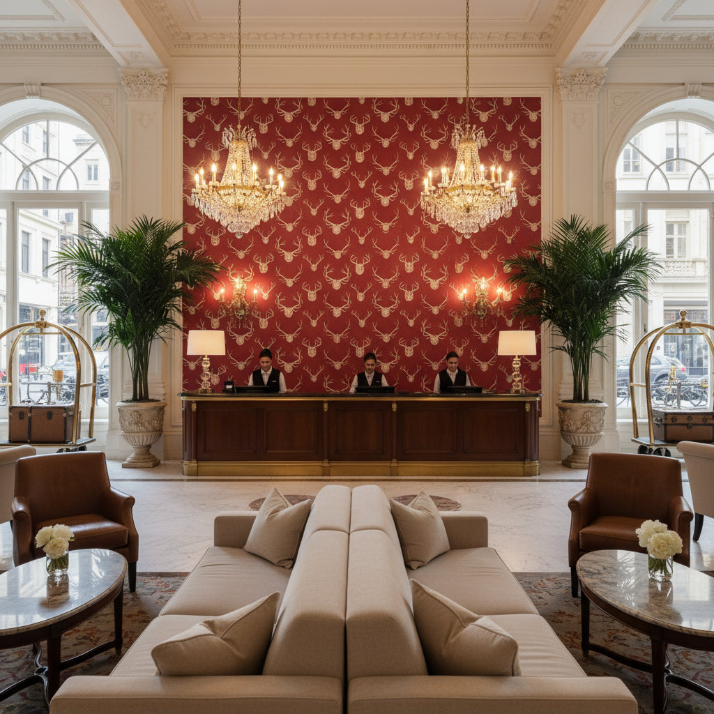 Antlers Red | Kravet - Hotel Lobby Visualization (AI-generated, may not be to scale. Verify pattern scale with product specifications.)