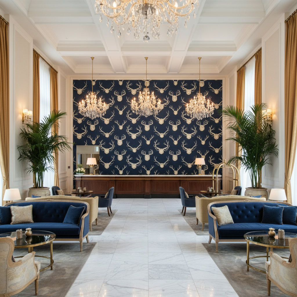 Antlers Navy | Kravet - Hotel Lobby Visualization (AI-generated, may not be to scale. Verify pattern scale with product specifications.)