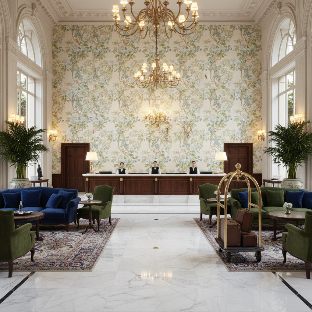 Chinese Peony Blue | Kravet - Hotel Lobby Visualization (AI-generated, may not be to scale. Verify pattern scale with product specifications.)