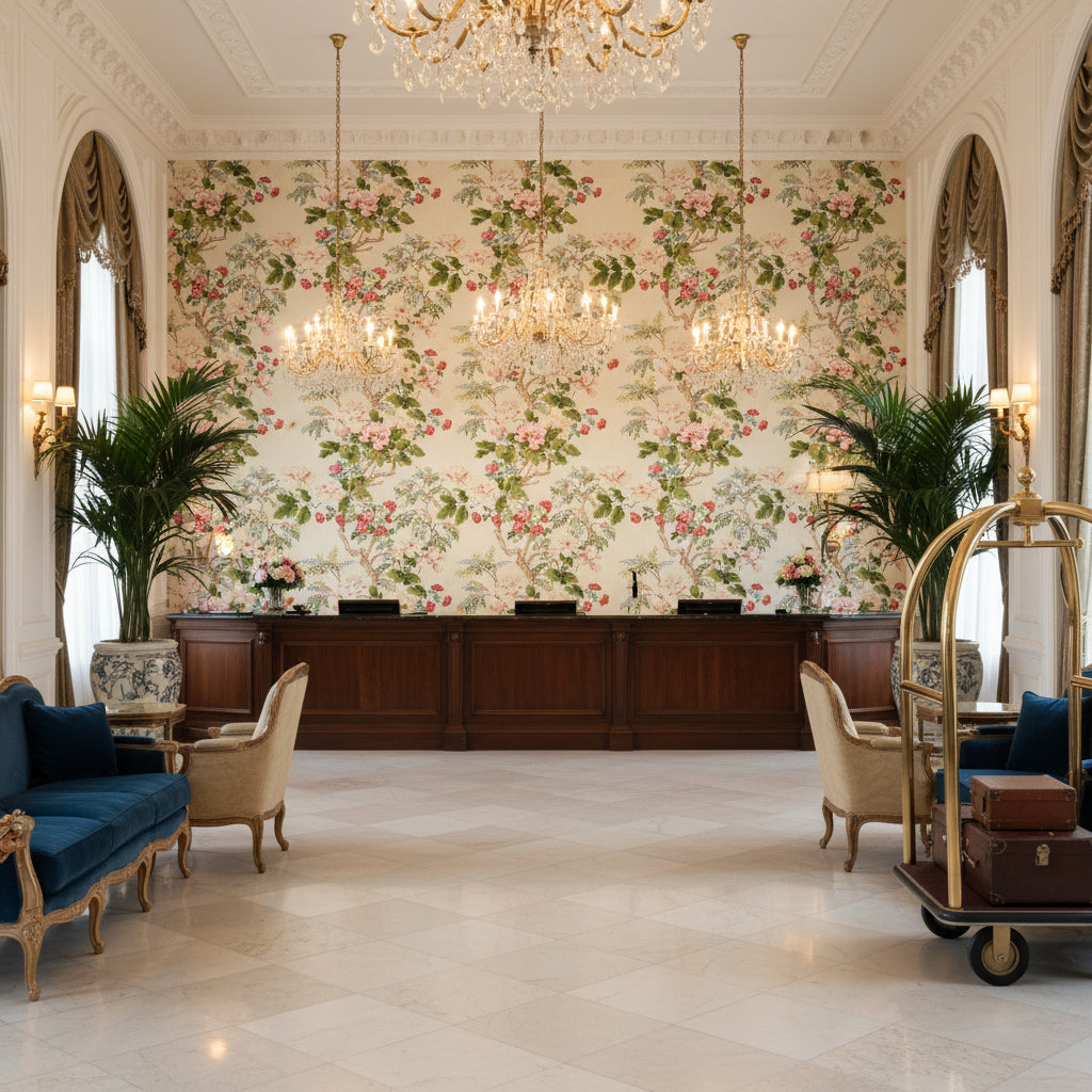 Chinese Peony Rose | Kravet - Hotel Lobby Visualization (AI-generated, may not be to scale. Verify pattern scale with product specifications.)