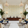La Cinta Lemon/Blue | Kravet - Hotel Lobby Visualization (AI-generated, may not be to scale. Verify pattern scale with product specifications.)