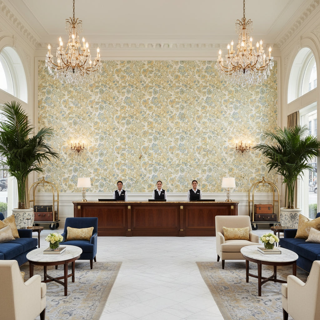 La Cinta Lemon/Blue | Kravet - Hotel Lobby Visualization (AI-generated, may not be to scale. Verify pattern scale with product specifications.)