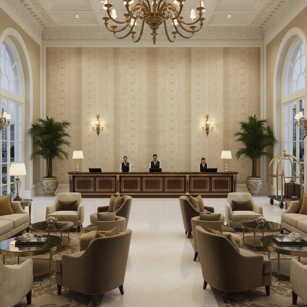 Indian Zag Taupe | Kravet - Hotel Lobby Visualization (AI-generated, may not be to scale. Verify pattern scale with product specifications.)