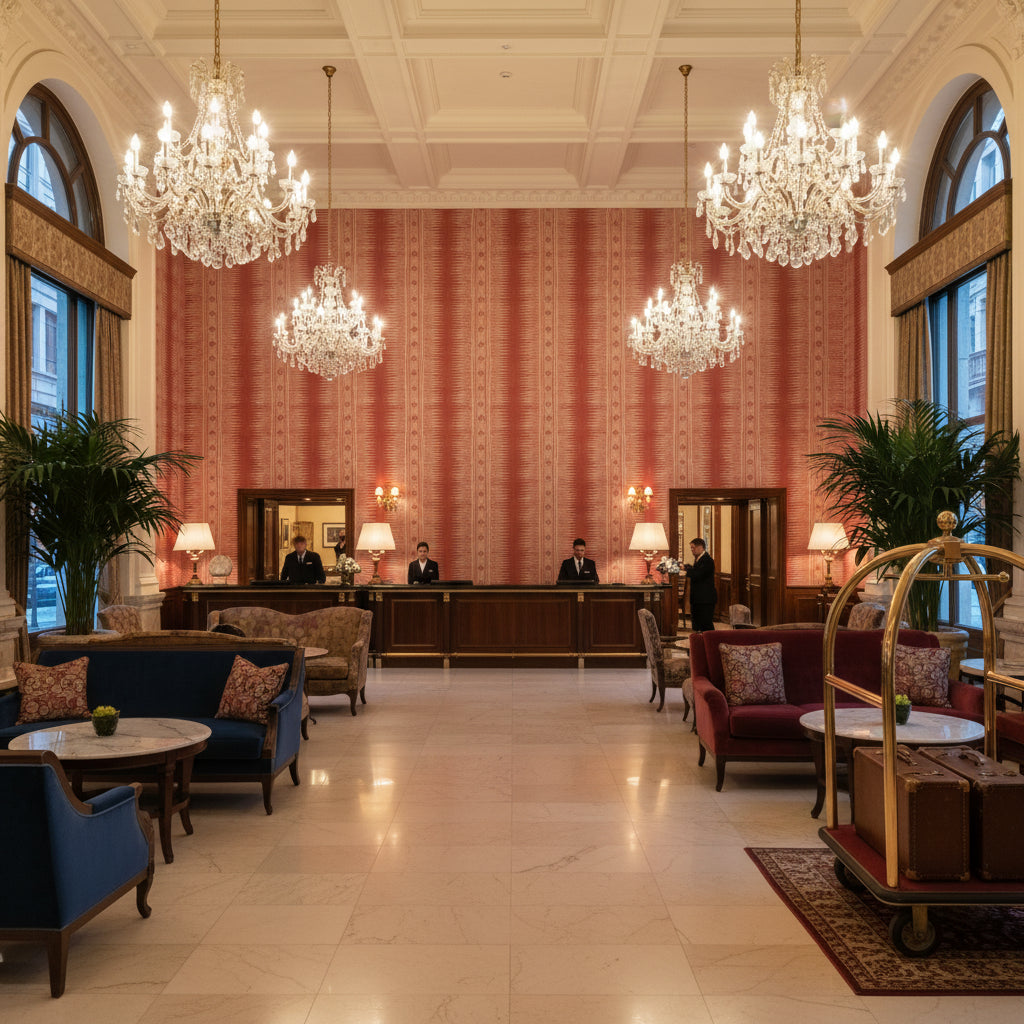 Indian Zag burnt sienna | Kravet - Hotel Lobby Visualization (AI-generated, may not be to scale. Verify pattern scale with product specifications.)