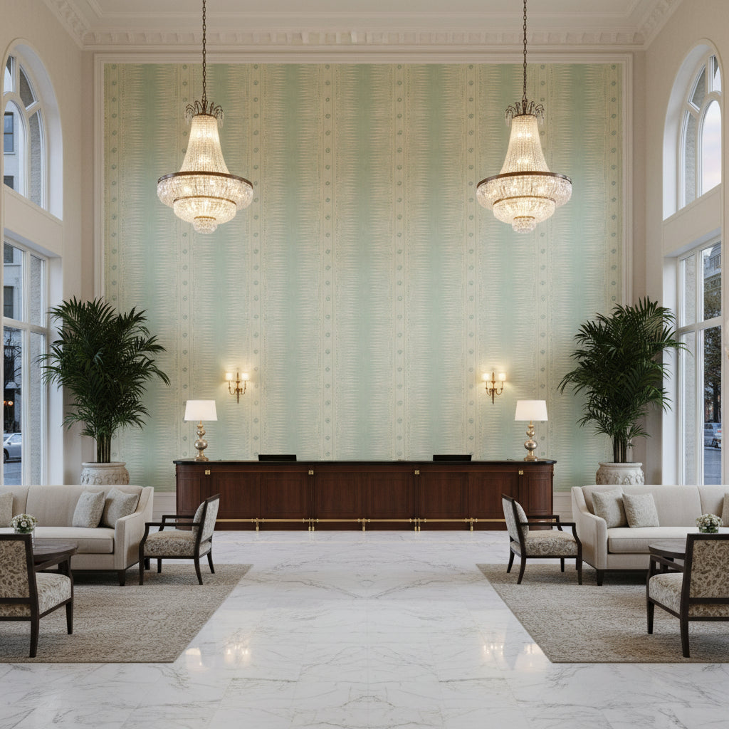 Indian Zag Aqua | Kravet - Hotel Lobby Visualization (AI-generated, may not be to scale. Verify pattern scale with product specifications.)