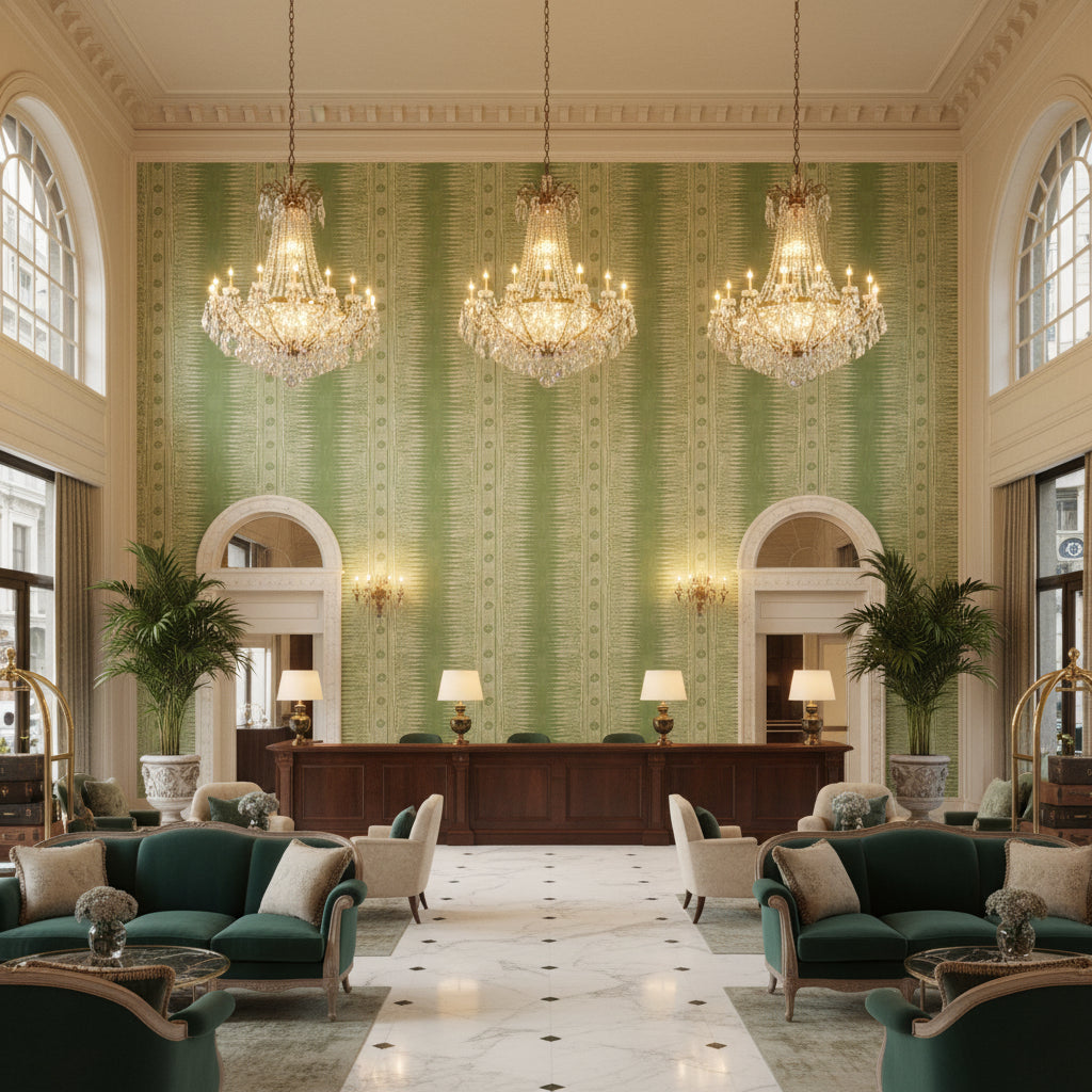 Indian Zag Leaf | Kravet - Hotel Lobby Visualization (AI-generated, may not be to scale. Verify pattern scale with product specifications.)