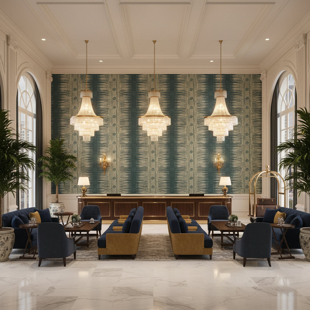 Indian Zag Indigo | Kravet - Hotel Lobby Visualization (AI-generated, may not be to scale. Verify pattern scale with product specifications.)