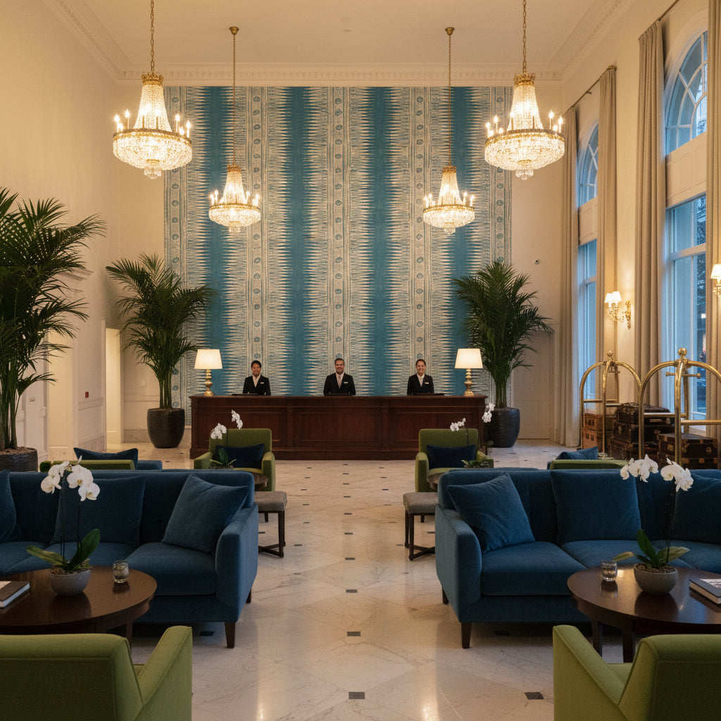 Indian Zag Marine | Kravet - Hotel Lobby Visualization (AI-generated, may not be to scale. Verify pattern scale with product specifications.)