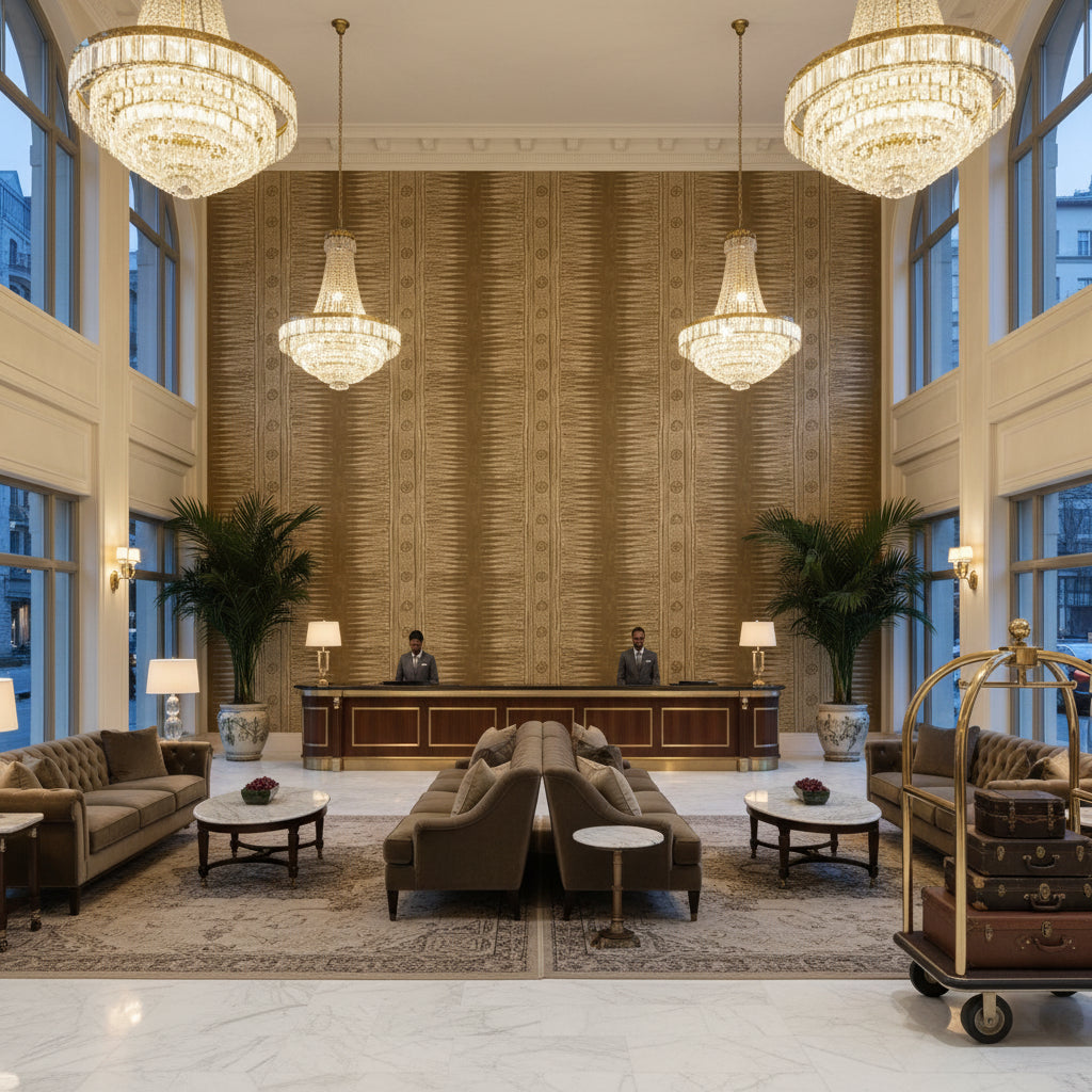 Indian Zag Bark | Kravet - Hotel Lobby Visualization (AI-generated, may not be to scale. Verify pattern scale with product specifications.)