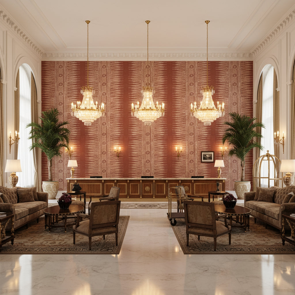 Indian Zag Paprika | Kravet - Hotel Lobby Visualization (AI-generated, may not be to scale. Verify pattern scale with product specifications.)