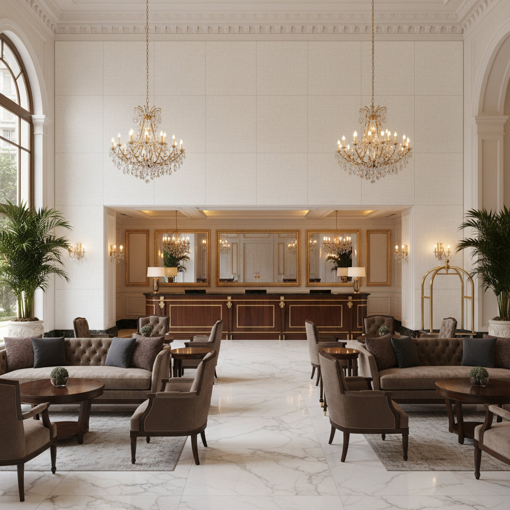 Dublin Linen White | Kravet - Hotel Lobby Visualization (AI-generated, may not be to scale. Verify pattern scale with product specifications.)