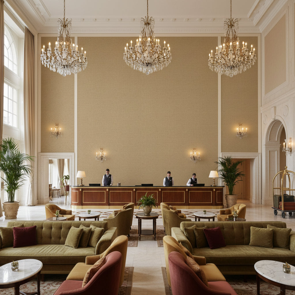 Dublin Linen camel | Kravet - Hotel Lobby Visualization (AI-generated, may not be to scale. Verify pattern scale with product specifications.)