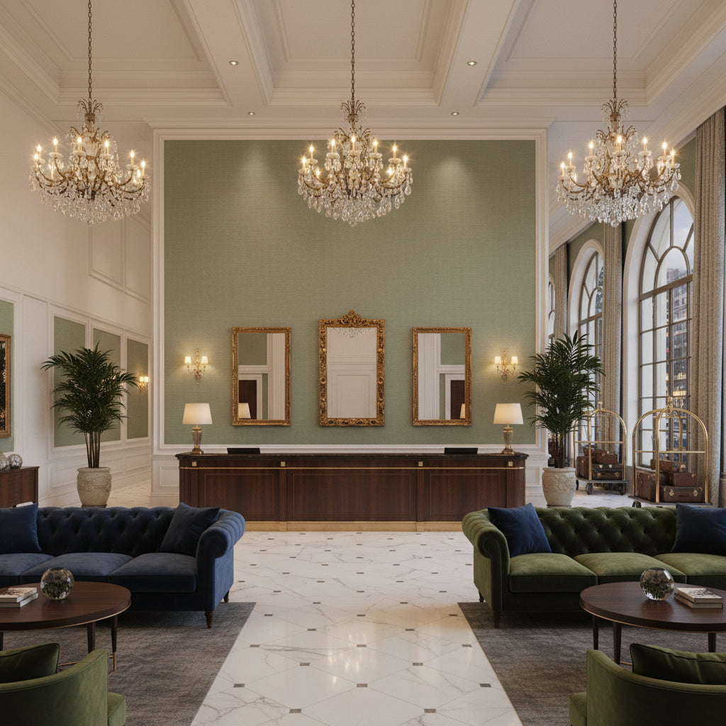 Dublin Linen sage green | Kravet - Hotel Lobby Visualization (AI-generated, may not be to scale. Verify pattern scale with product specifications.)