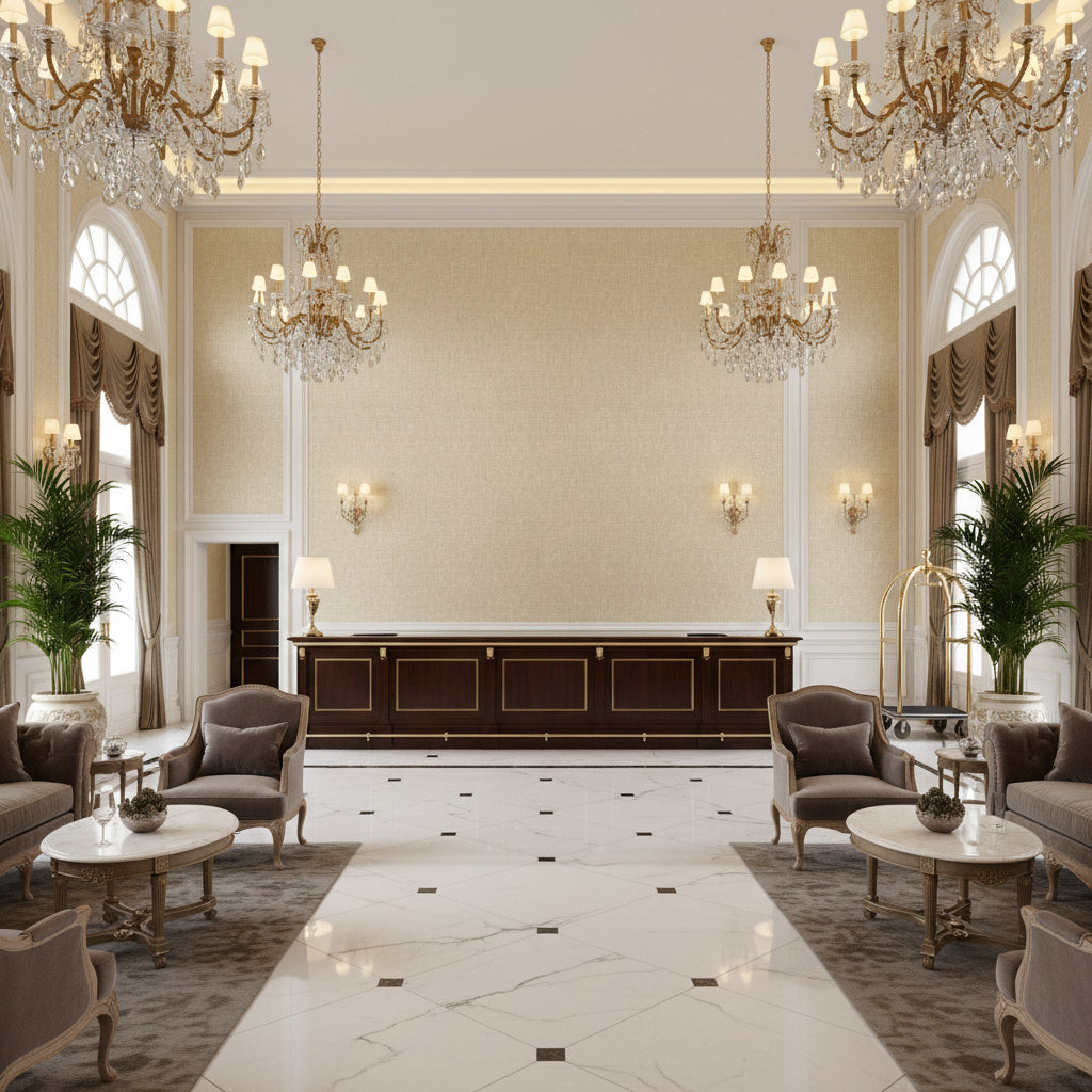 Dublin Linen  Prism | Kravet - Hotel Lobby Visualization (AI-generated, may not be to scale. Verify pattern scale with product specifications.)