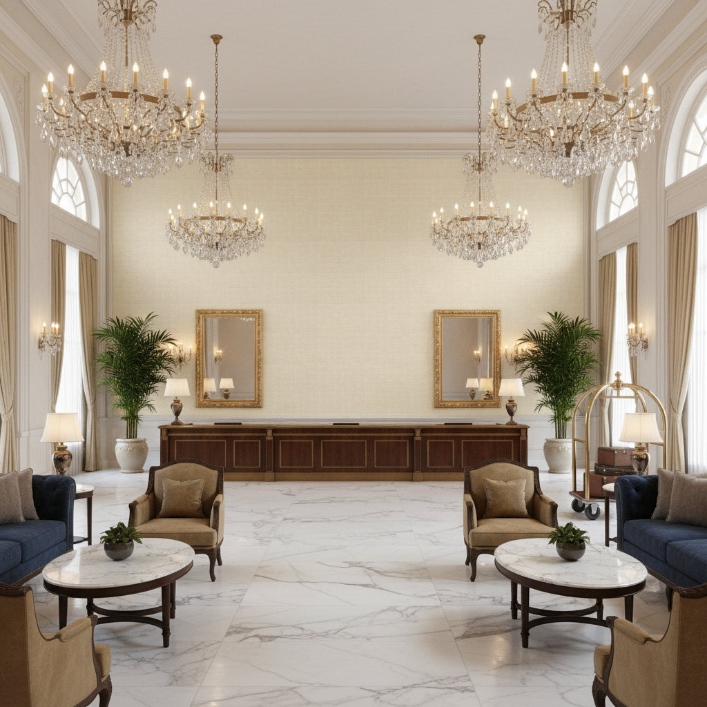 Dublin Linen Cream | Kravet - Hotel Lobby Visualization (AI-generated, may not be to scale. Verify pattern scale with product specifications.)