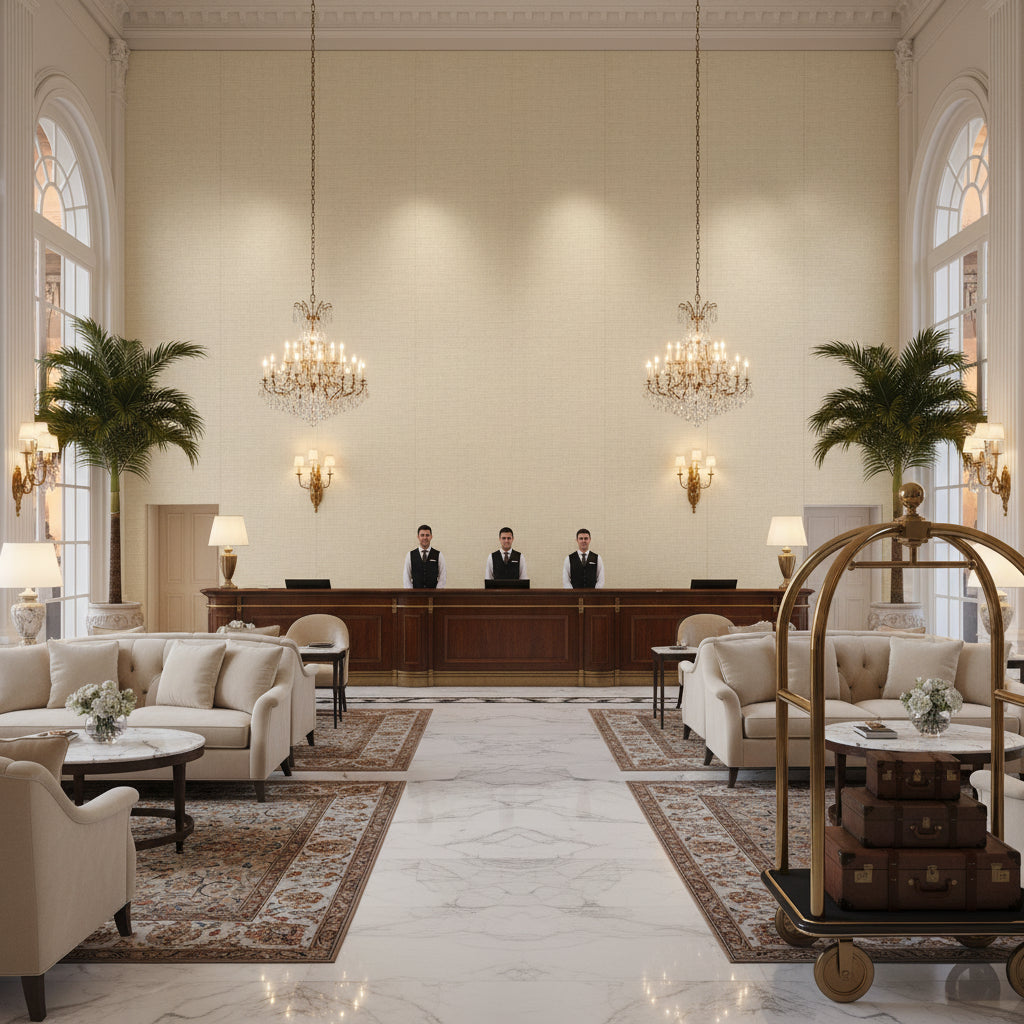 Dublin Linen Sand | Kravet - Hotel Lobby Visualization (AI-generated, may not be to scale. Verify pattern scale with product specifications.)