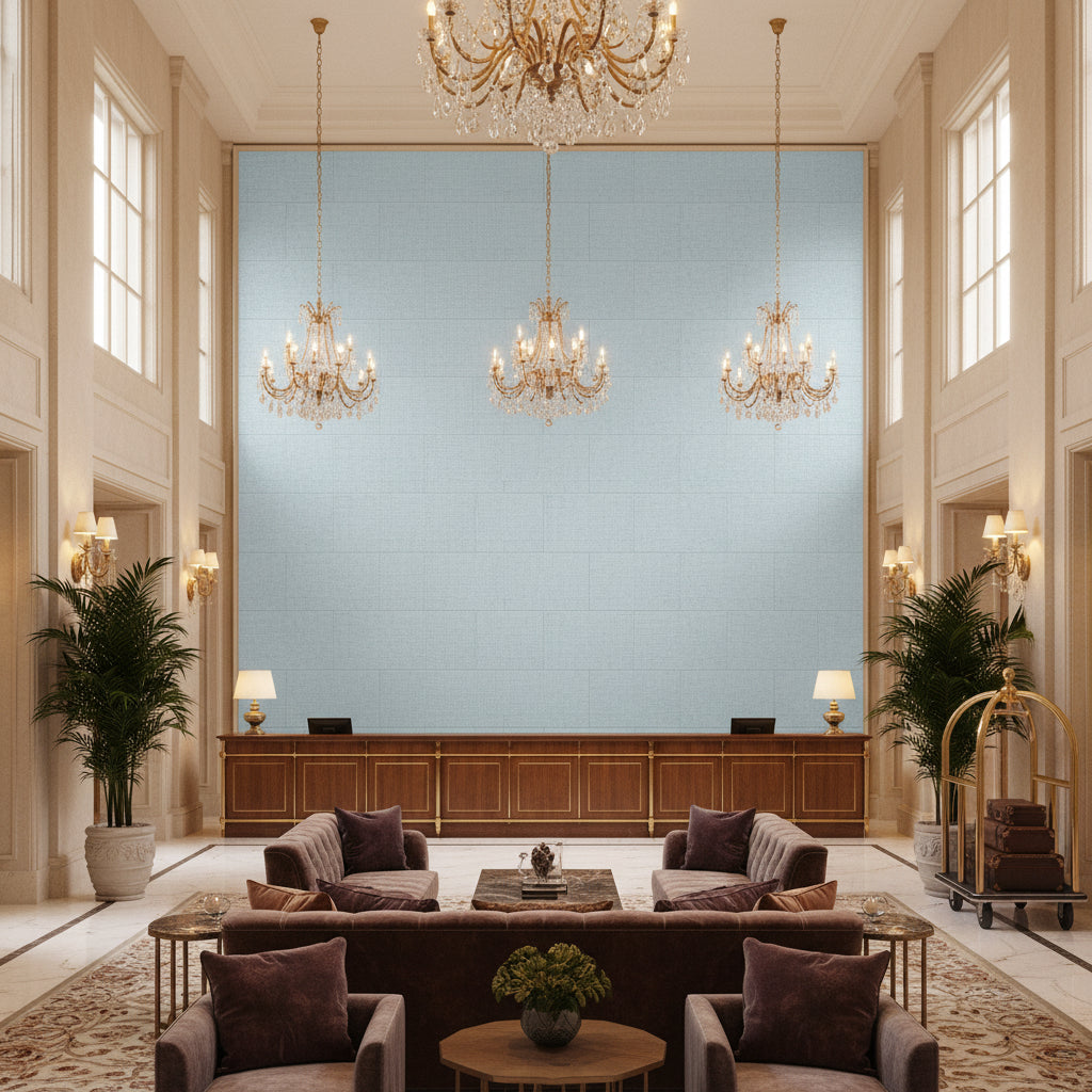 Dublin Linen light blue | Kravet - Hotel Lobby Visualization (AI-generated, may not be to scale. Verify pattern scale with product specifications.)