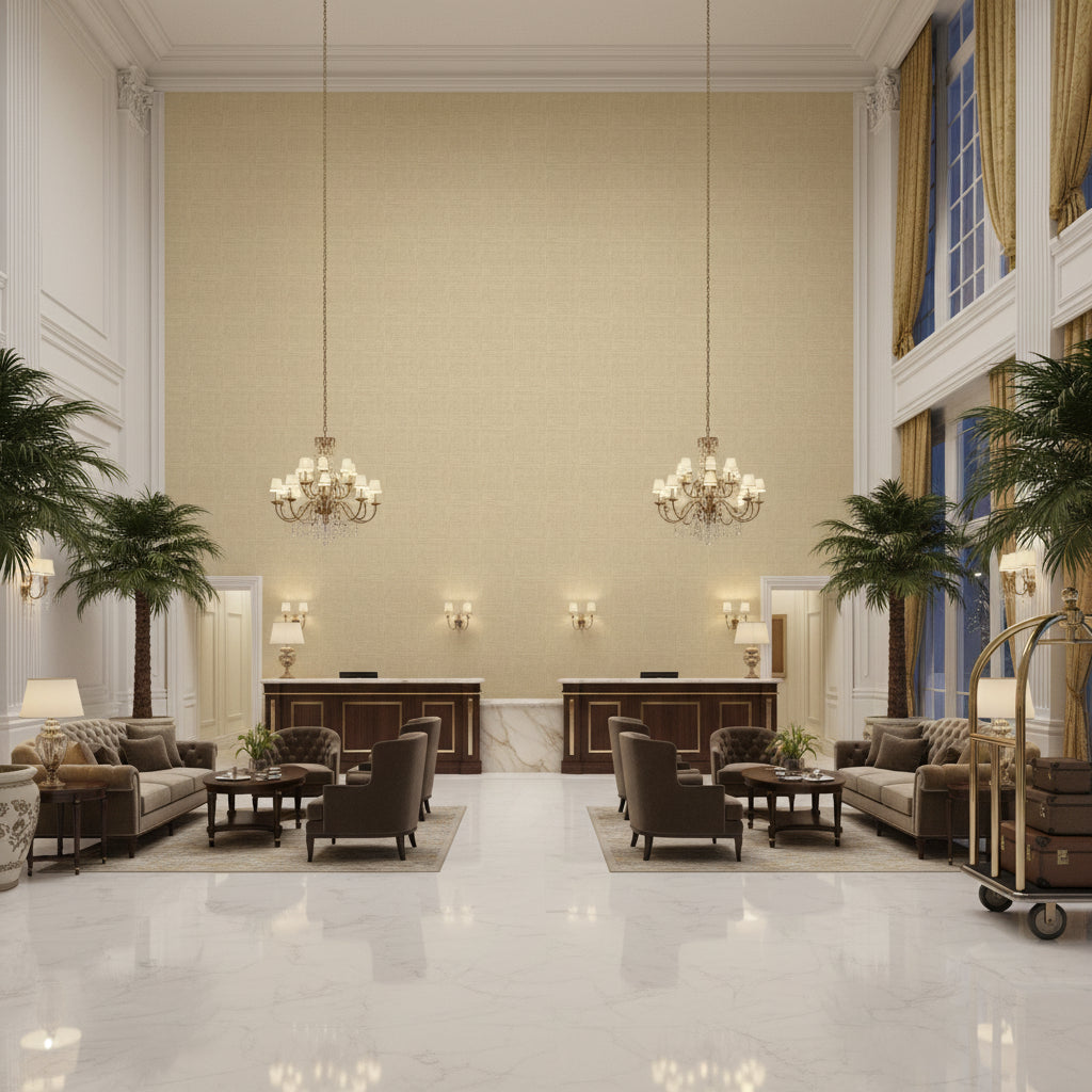 Dublin Linen Pebble | Kravet - Hotel Lobby Visualization (AI-generated, may not be to scale. Verify pattern scale with product specifications.)