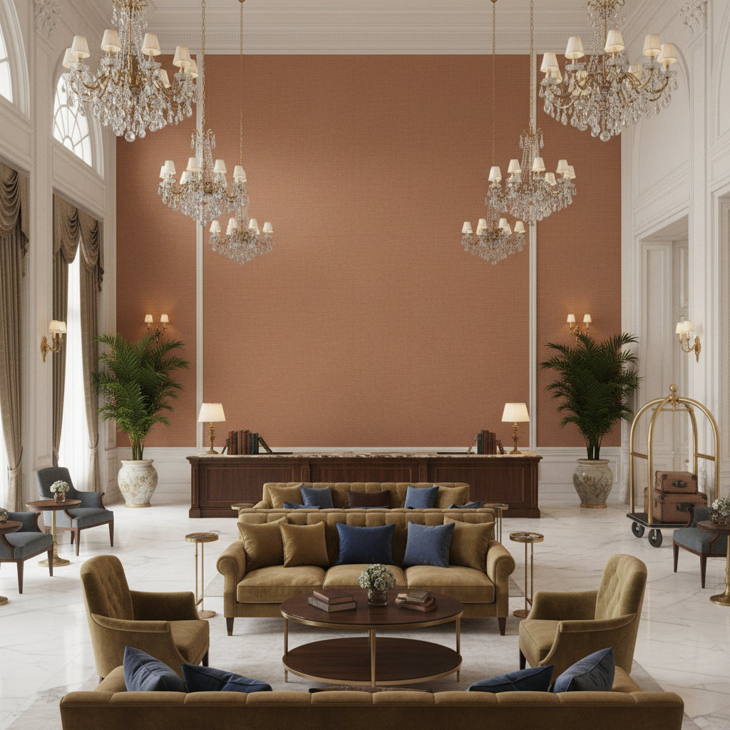 Dublin Linen burnt sienna | Kravet - Hotel Lobby Visualization (AI-generated, may not be to scale. Verify pattern scale with product specifications.)