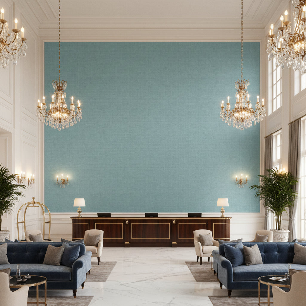Dublin Linen pale teal | Kravet - Hotel Lobby Visualization (AI-generated, may not be to scale. Verify pattern scale with product specifications.)