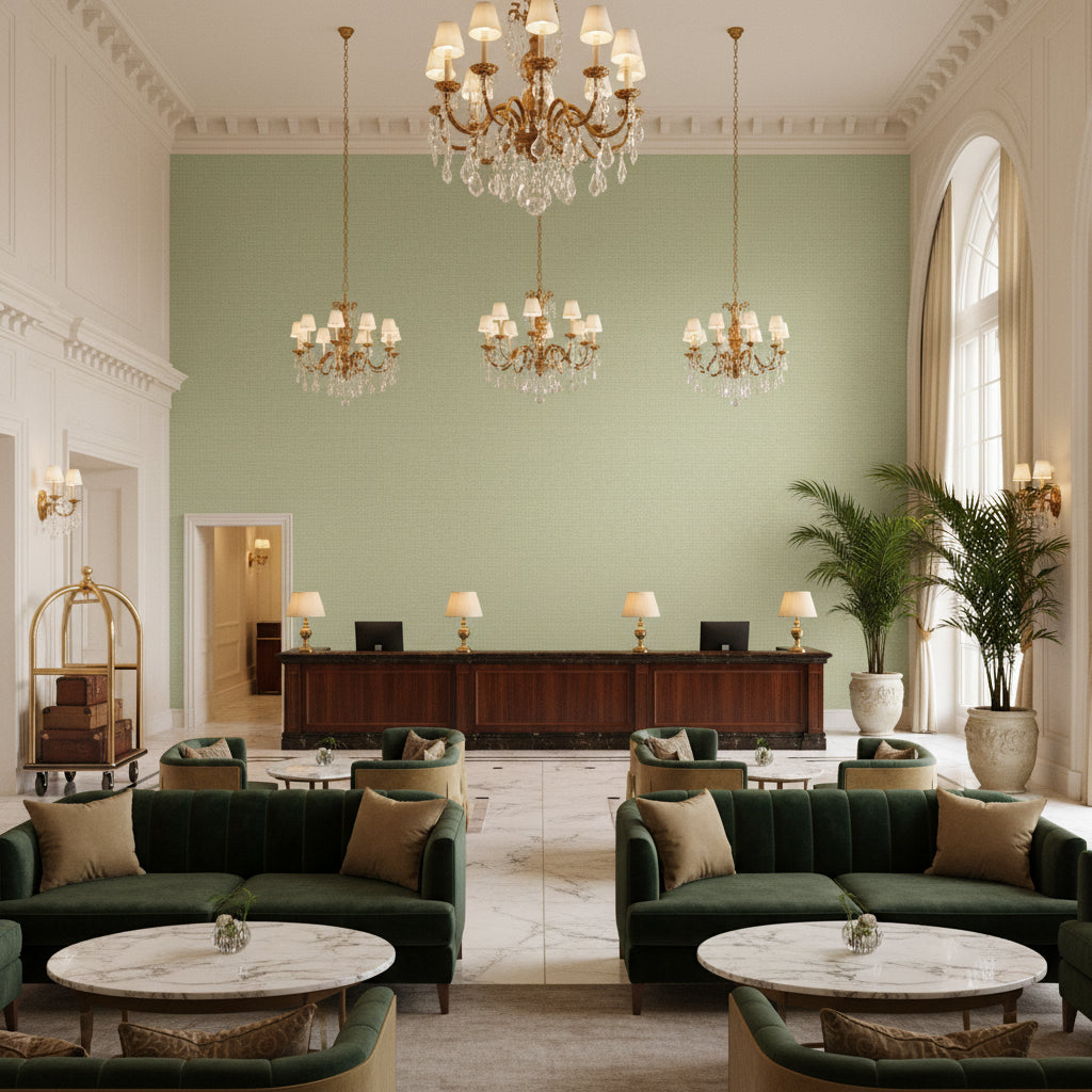Dublin Linen sage green | Kravet - Hotel Lobby Visualization (AI-generated, may not be to scale. Verify pattern scale with product specifications.)