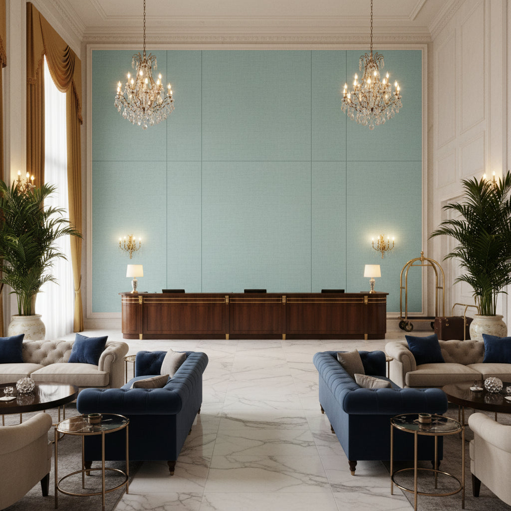 Dublin Linen seafoam green | Kravet - Hotel Lobby Visualization (AI-generated, may not be to scale. Verify pattern scale with product specifications.)