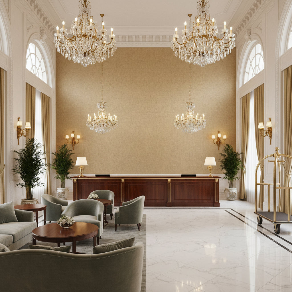 Dublin Linen  Granite | Kravet - Hotel Lobby Visualization (AI-generated, may not be to scale. Verify pattern scale with product specifications.)