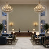 Dublin Linen Oatmeal | Kravet - Hotel Lobby Visualization (AI-generated, may not be to scale. Verify pattern scale with product specifications.)