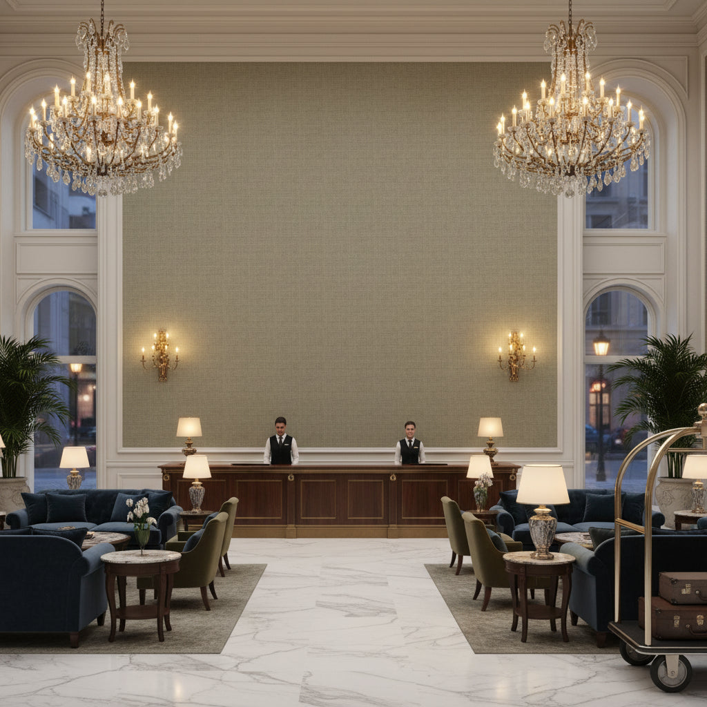 Dublin Linen Oatmeal | Kravet - Hotel Lobby Visualization (AI-generated, may not be to scale. Verify pattern scale with product specifications.)