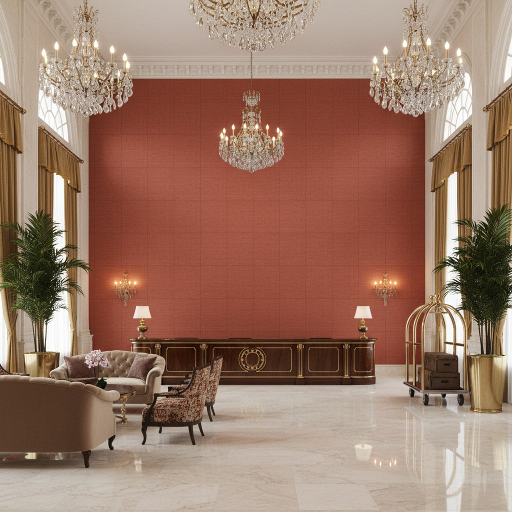 Dublin Linen rust | Kravet - Hotel Lobby Visualization (AI-generated, may not be to scale. Verify pattern scale with product specifications.)