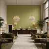 Dublin Linen chartreuse | Kravet - Hotel Lobby Visualization (AI-generated, may not be to scale. Verify pattern scale with product specifications.)