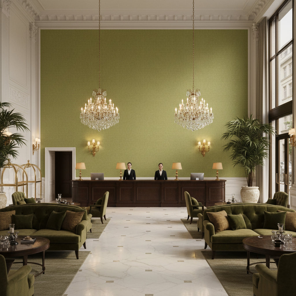 Dublin Linen chartreuse | Kravet - Hotel Lobby Visualization (AI-generated, may not be to scale. Verify pattern scale with product specifications.)