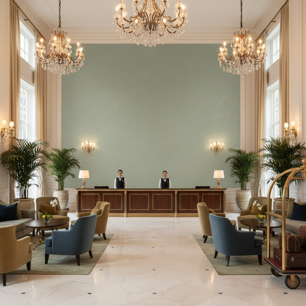 Dublin Linen sage green | Kravet - Hotel Lobby Visualization (AI-generated, may not be to scale. Verify pattern scale with product specifications.)
