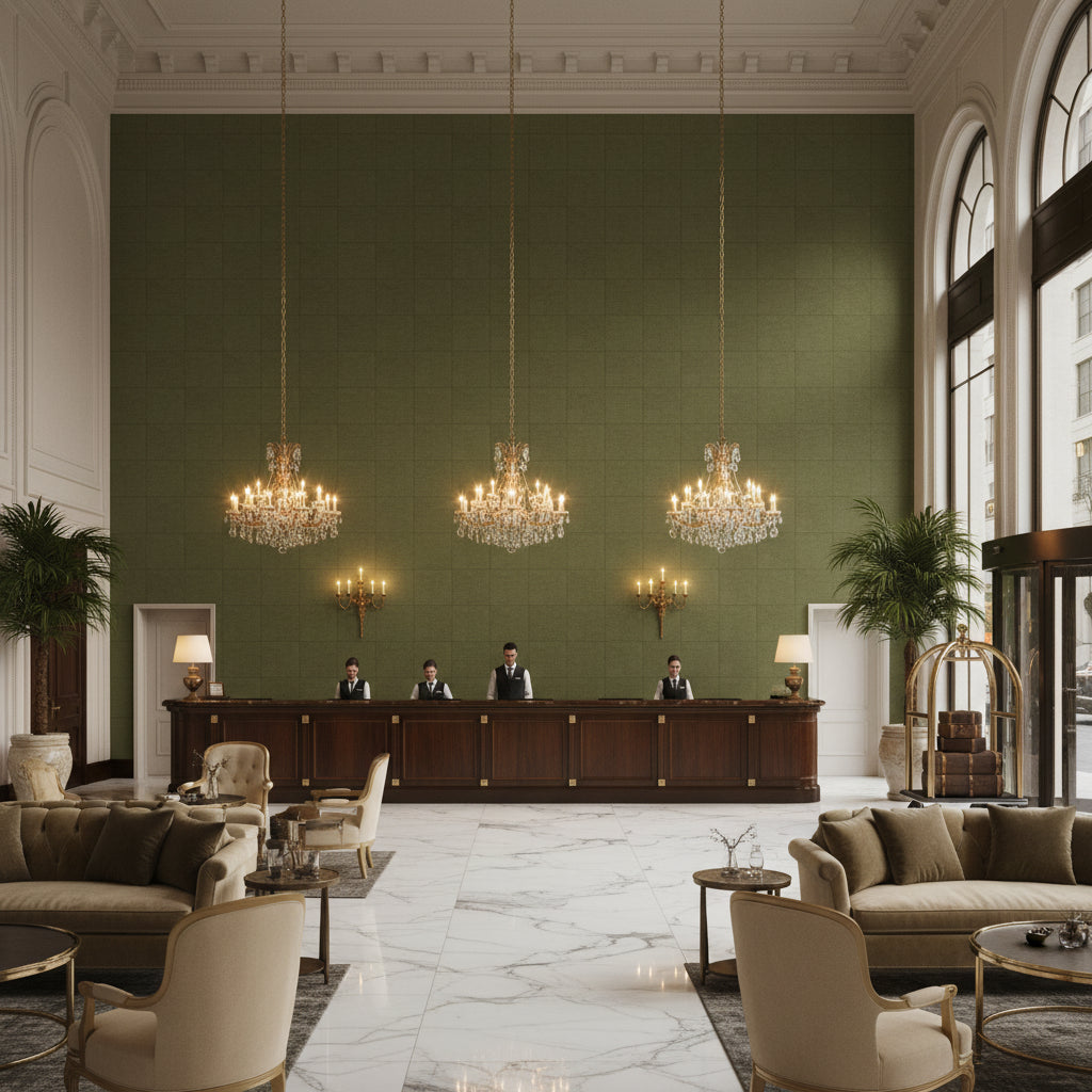 Dublin Linen Bamboo | Kravet - Hotel Lobby Visualization (AI-generated, may not be to scale. Verify pattern scale with product specifications.)