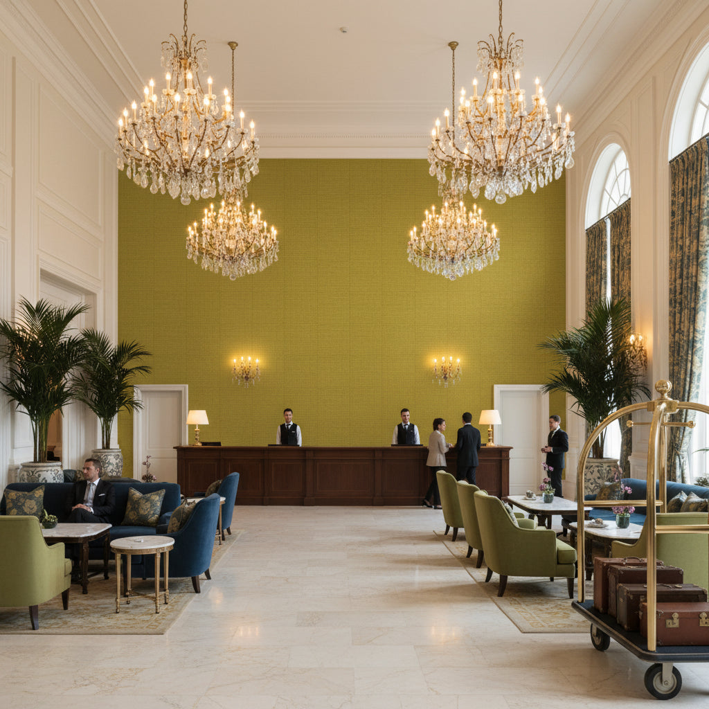 Dublin Linen olive | Kravet - Hotel Lobby Visualization (AI-generated, may not be to scale. Verify pattern scale with product specifications.)