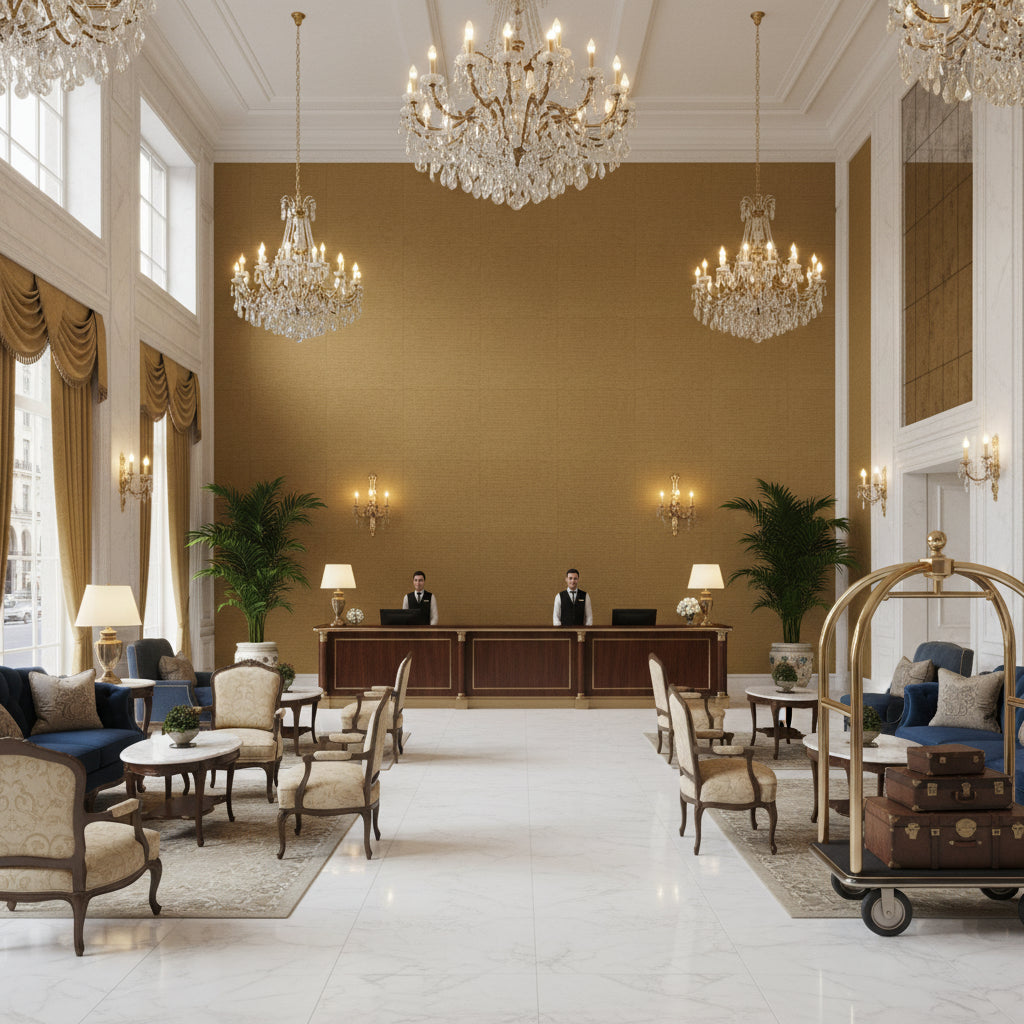 Dublin Linen Dune | Kravet - Hotel Lobby Visualization (AI-generated, may not be to scale. Verify pattern scale with product specifications.)