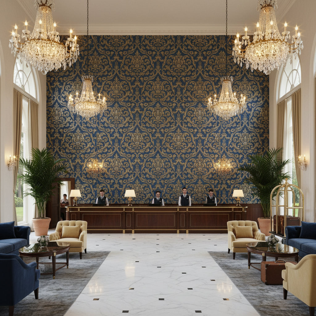 Dublin Linen steel blue | Kravet - Hotel Lobby Visualization (AI-generated, may not be to scale. Verify pattern scale with product specifications.)