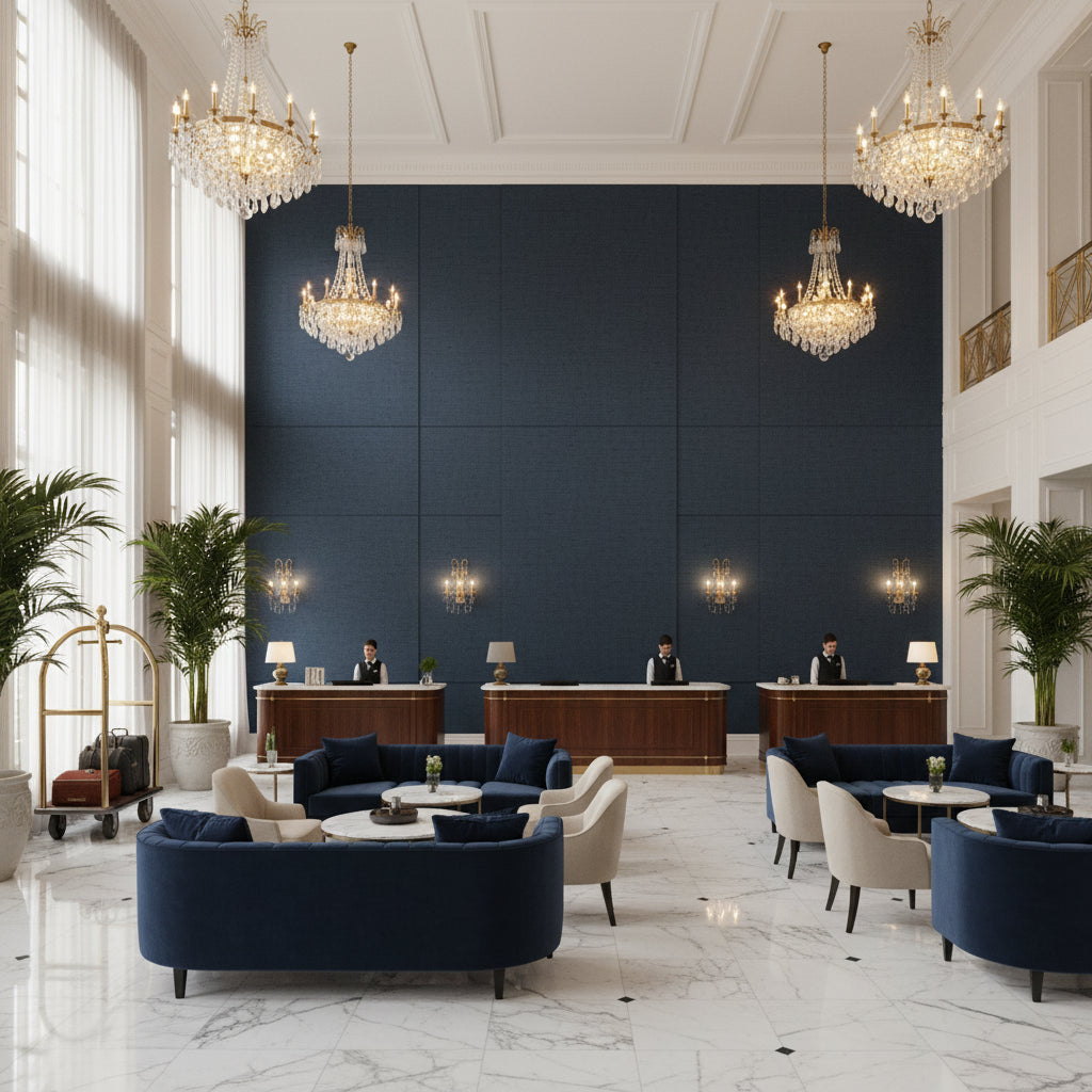 Dublin Linen dark slate gray | Kravet - Hotel Lobby Visualization (AI-generated, may not be to scale. Verify pattern scale with product specifications.)