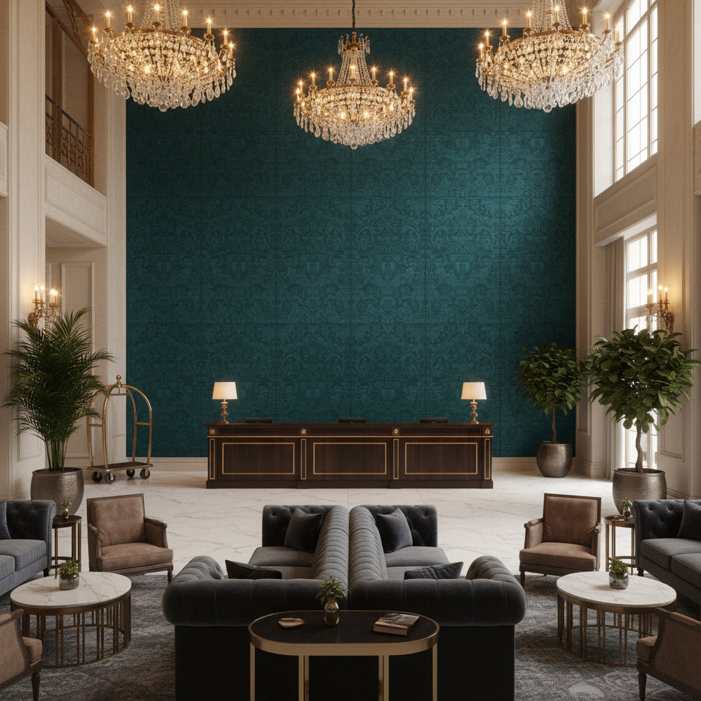 Dublin Linen  Indigo | Kravet - Hotel Lobby Visualization (AI-generated, may not be to scale. Verify pattern scale with product specifications.)