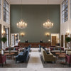 Dublin Linen Slate | Kravet - Hotel Lobby Visualization (AI-generated, may not be to scale. Verify pattern scale with product specifications.)