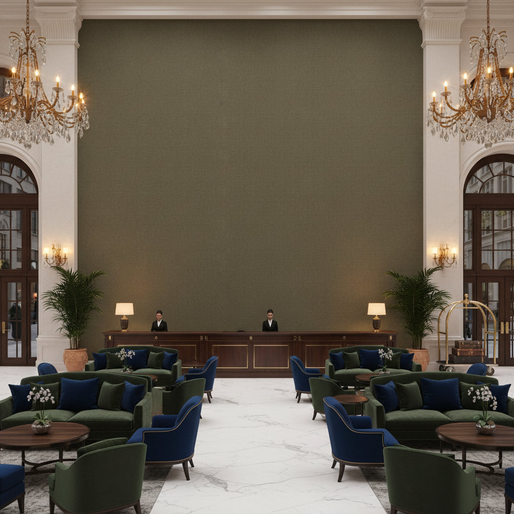 Dublin Linen Carob | Kravet - Hotel Lobby Visualization (AI-generated, may not be to scale. Verify pattern scale with product specifications.)