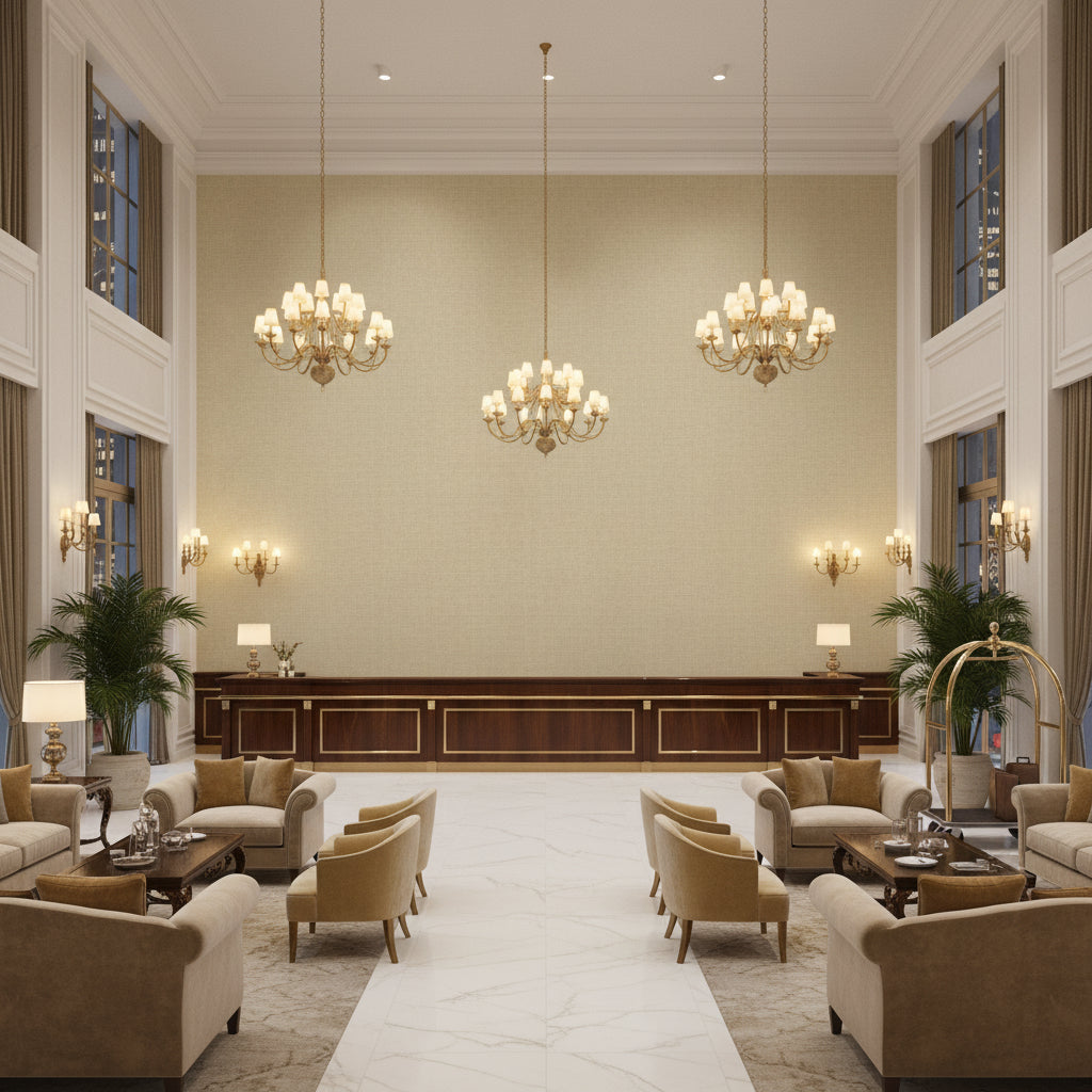 Dublin Linen beige | Kravet - Hotel Lobby Visualization (AI-generated, may not be to scale. Verify pattern scale with product specifications.)