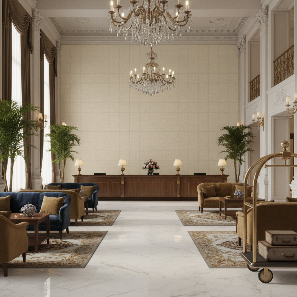 Dublin Linen Biscuit | Kravet - Hotel Lobby Visualization (AI-generated, may not be to scale. Verify pattern scale with product specifications.)