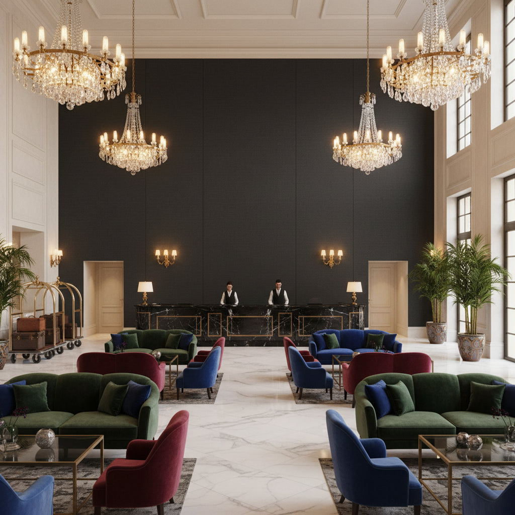 Dublin Linen Black | Kravet - Hotel Lobby Visualization (AI-generated, may not be to scale. Verify pattern scale with product specifications.)