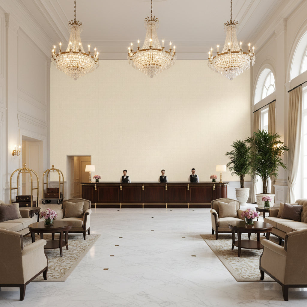 Watermill Linen Cloud | Kravet - Hotel Lobby Visualization (AI-generated, may not be to scale. Verify pattern scale with product specifications.)