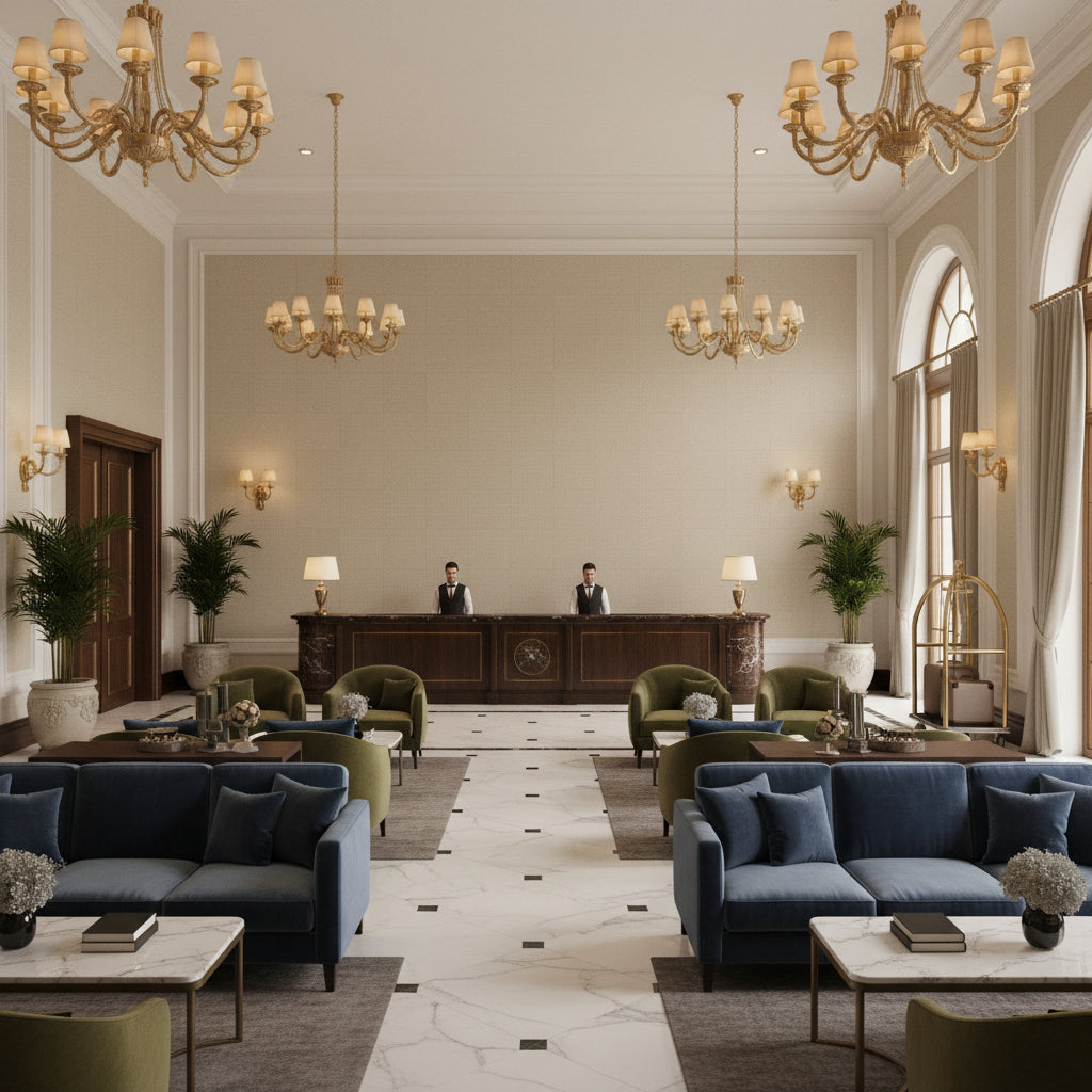 Watermill Linen beige | Kravet - Hotel Lobby Visualization (AI-generated, may not be to scale. Verify pattern scale with product specifications.)