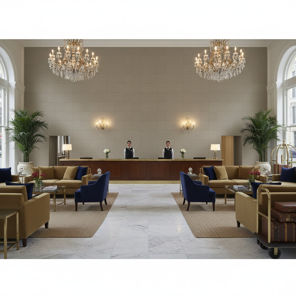Watermill Linen taupe | Kravet - Hotel Lobby Visualization (AI-generated, may not be to scale. Verify pattern scale with product specifications.)