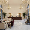 Watermill Linen beige | Kravet - Hotel Lobby Visualization (AI-generated, may not be to scale. Verify pattern scale with product specifications.)