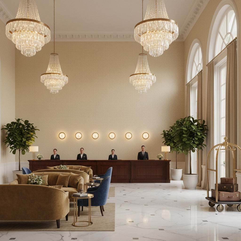 Watermill Linen Stone | Kravet - Hotel Lobby Visualization (AI-generated, may not be to scale. Verify pattern scale with product specifications.)